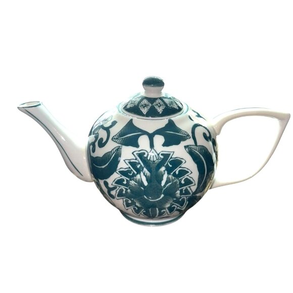 Vintage Porcelain Teapot With Floral Green & White Pattern Elegant Curved Handle - Picture 11 of 13